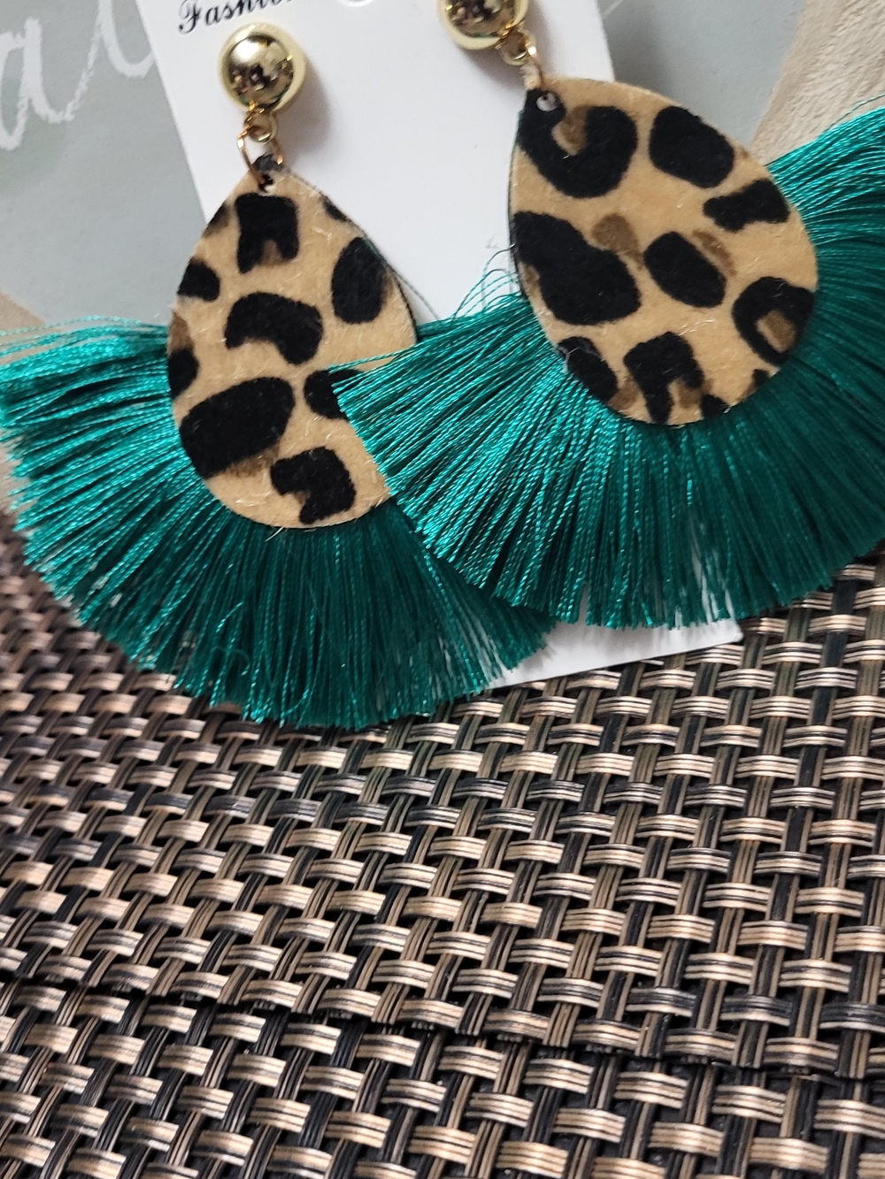 Leopard Teardrop Fringe Earrings in Teal